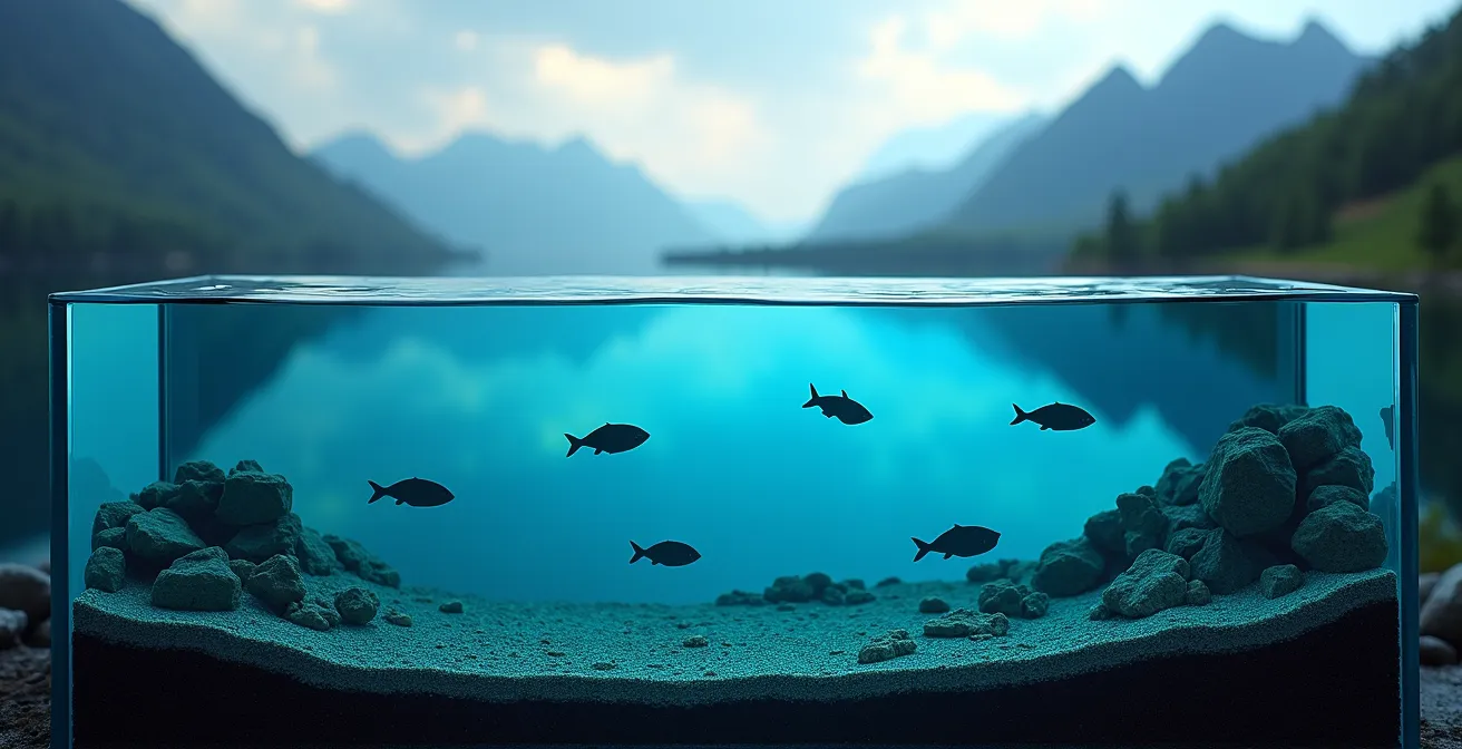 Sezione verticale di un lago che mostra la stratificazione termica e i livelli di ossigeno