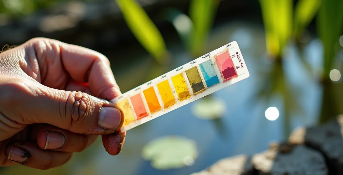 Mano che tiene una striscia test per acqua vicino a scala colorimetrica con laghetto sfocato sullo sfondo