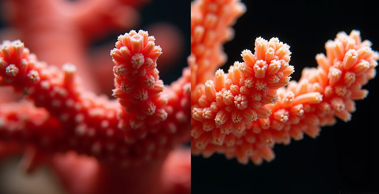 Macro ravvicinata di corallo naturale che mostra texture e porosità caratteristiche