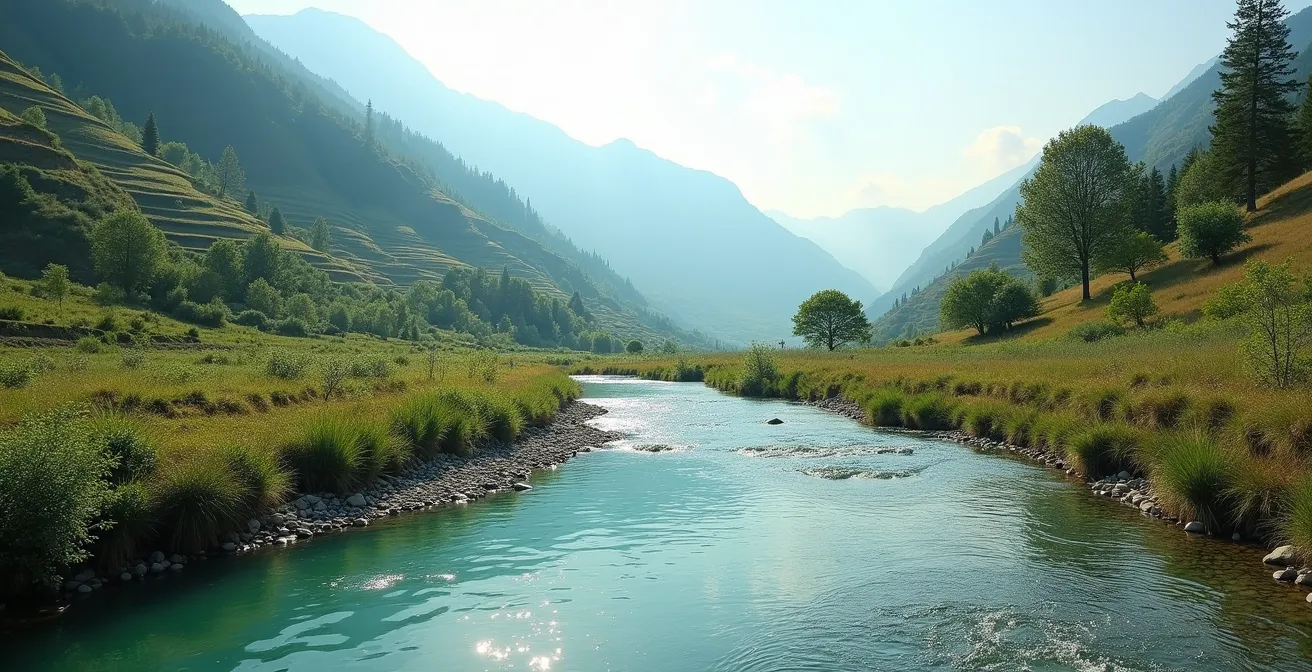 Vista panoramica di un torrente italiano che mostra diverse fasi di recupero lungo il suo corso