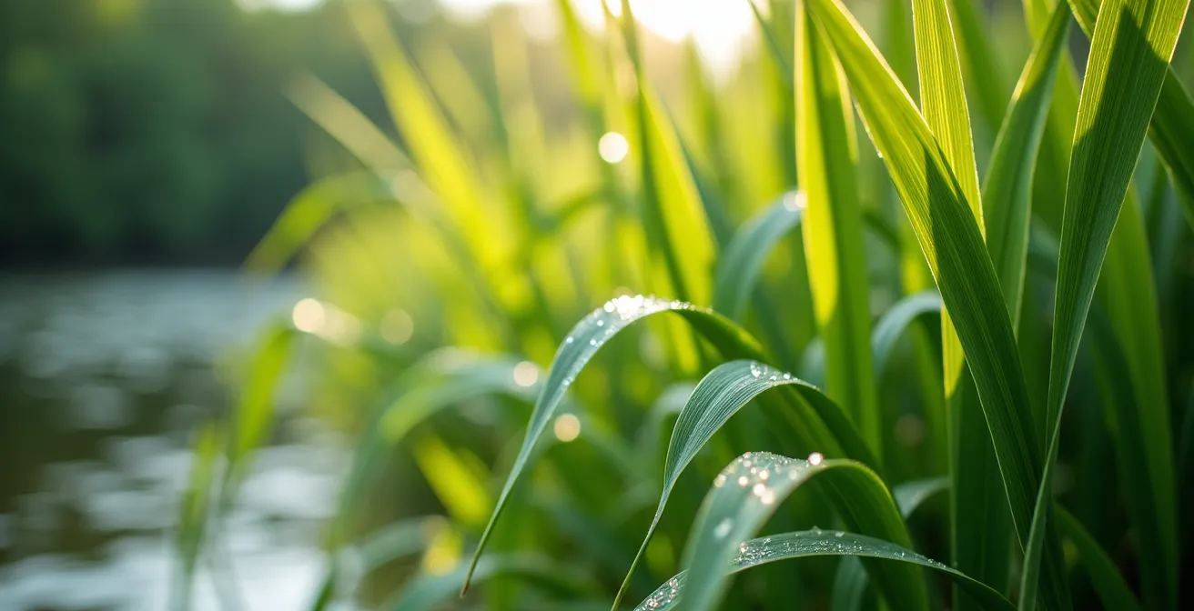 Dettaglio macro della cannuccia di palude lungo la sponda di un fiume italiano