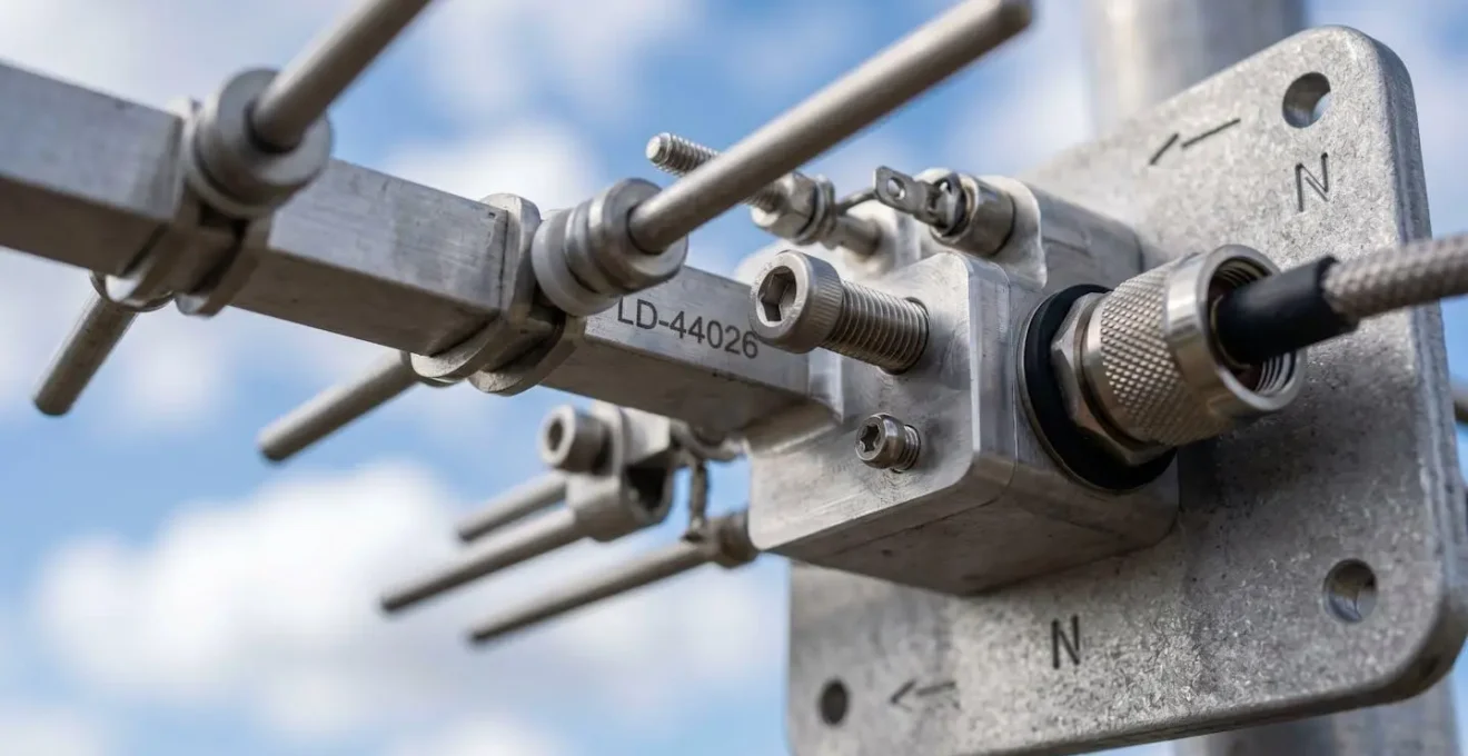 Dettaglio ravvicinato di un sensore antenna per il rilevamento di fulmini con sfondo sfocato di cielo e nuvole