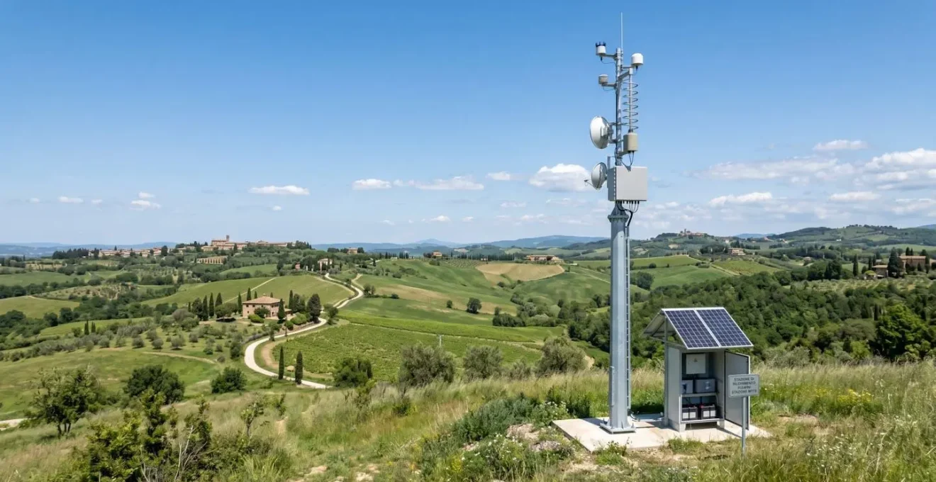 Stazione antenna per il rilevamento di fulmini installata in un paesaggio aperto di colline italiane sotto un cielo luminoso