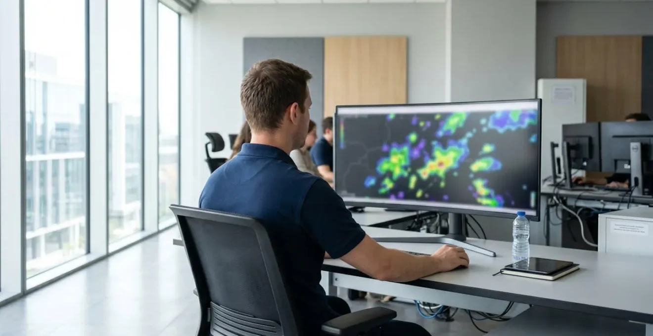 Tecnico di spalle osserva un monitor con mappa di rilevamento fulmini in una sala controllo moderna illuminata da luce naturale